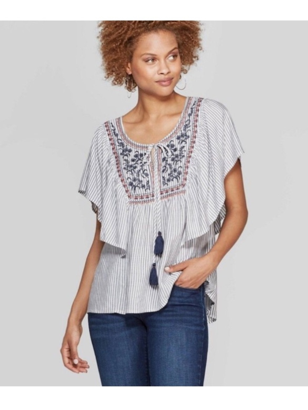 Knox Rose White and Navy Striped Embroidered Peasant Blouse